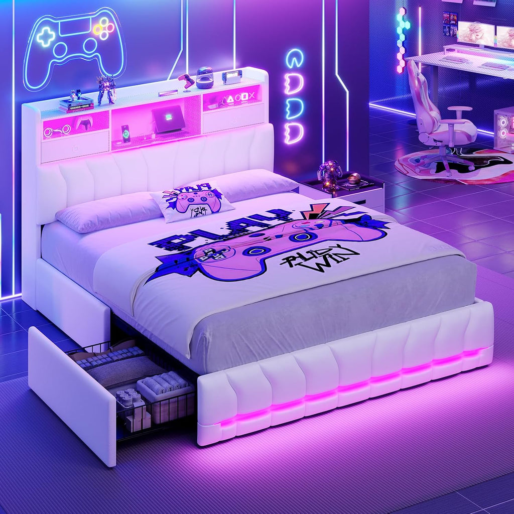DICTAC Twin Bed Frames with Storage Headboard and 2 Large Drawers, Gaming Bed with RGB Lights and Charging Station, Leather Upholstered Platform Bed, Esports-Style Bed, No Box Spring Needed, Black