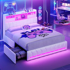 DICTAC Twin Bed Frames with Storage Headboard and 2 Large Drawers, Gaming Bed with RGB Lights and Charging Station, Leather Upholstered Platform Bed, Esports-Style Bed, No Box Spring Needed, Black