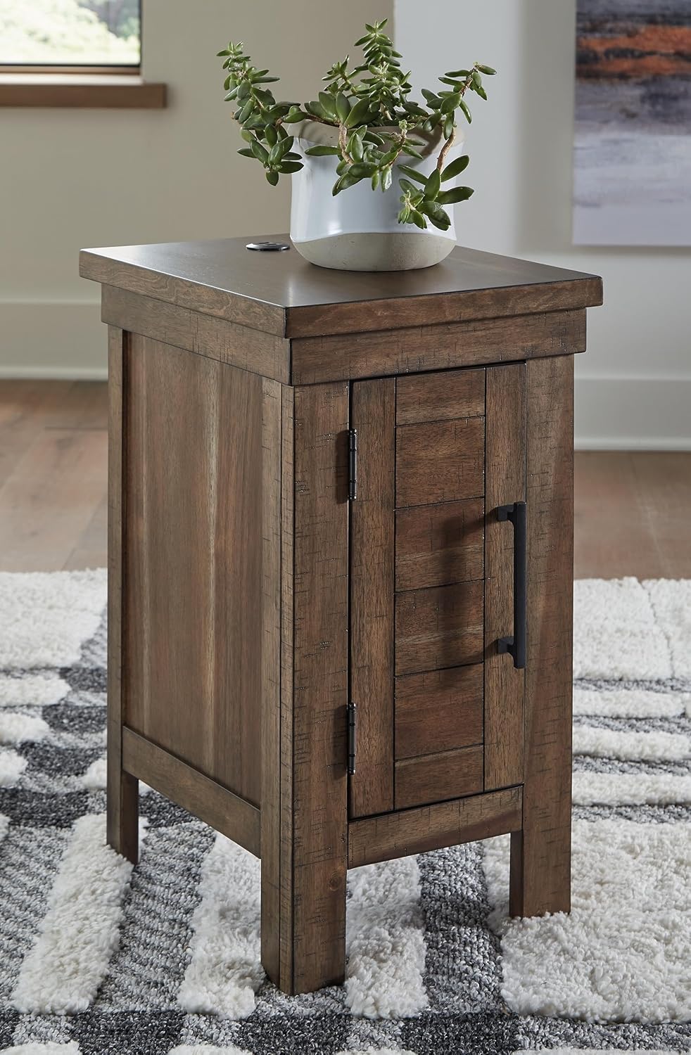 Signature Design by Ashley Moriville Rustic Farmhouse End Table with 1 Cabinet Door and USB Ports, Brown