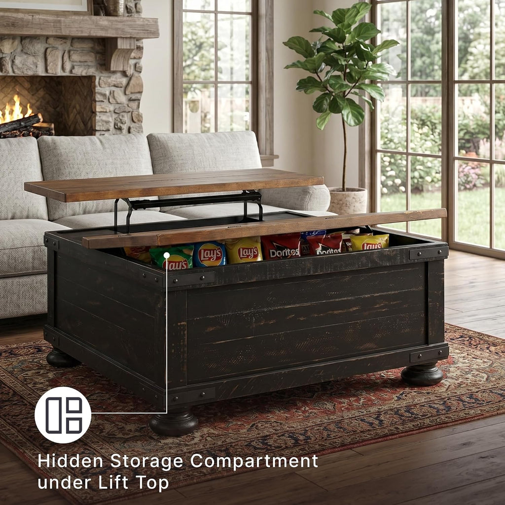 Signature Design by Ashley Valebeck Lift Top Coffee Table, Storage, Split-top Design, Wood, 36" W x 36" D x 18" H, 2-tone Distressed Brown & Black Finish