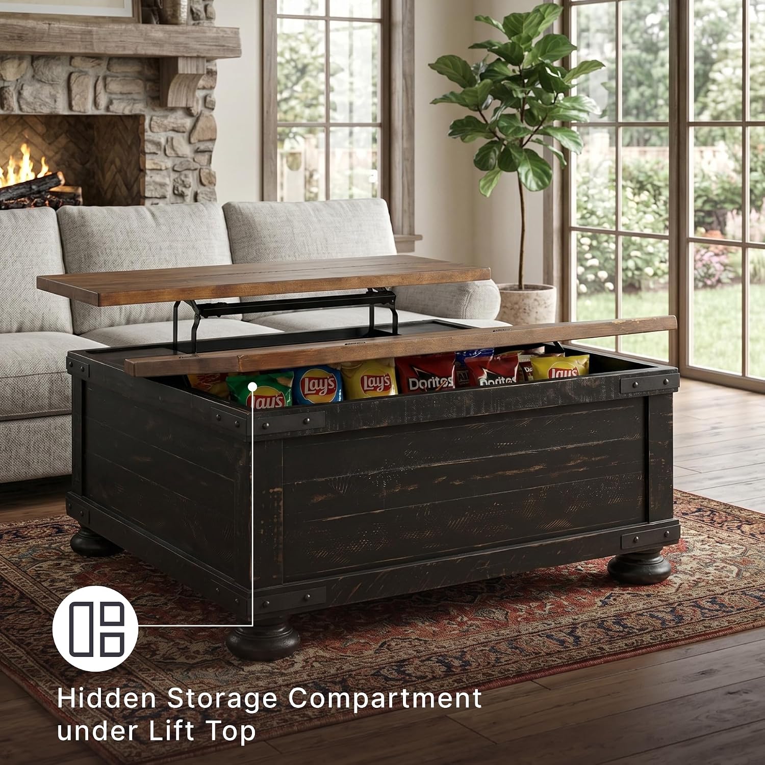 Signature Design by Ashley Valebeck Lift Top Coffee Table, Storage, Split-top Design, Wood, 36" W x 36" D x 18" H, 2-tone Distressed Brown & Black Finish