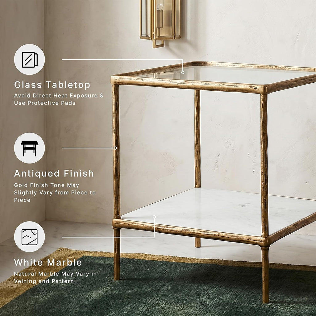 Signature Design by Ashley Ryandale Square Accent Table for Living Room, Sand‑Casted Aluminum Frame With Brass Finish, Glass Top and White Marble Shelf, 21" Size