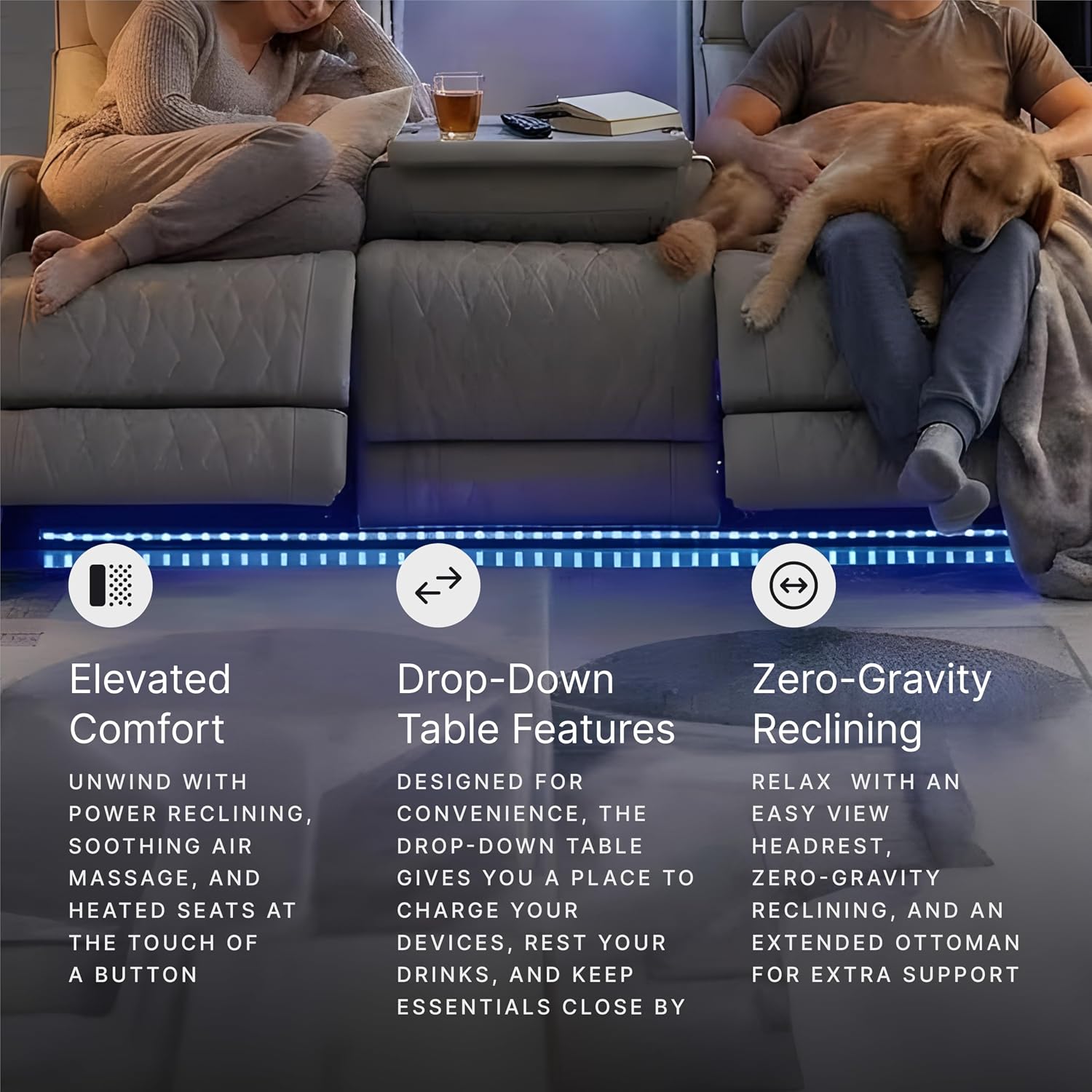 Signature Design by Ashley Boyington Contemporary Leather Match Power Reclining Sofa with USB Charging Ports, LED Lights and Adjustable Headrest, Light Gray