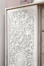 Signature Design by Ashley Paxberry Boho 5 Drawer Dressing Chest with Slider Door & 3 Adjustable Shelves, Whitewash
