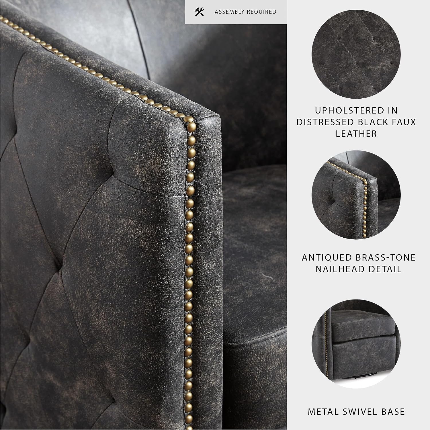 Signature Design by Ashley Brentlow Tufted Barrel Accent Swivel Chair, Distressed Black