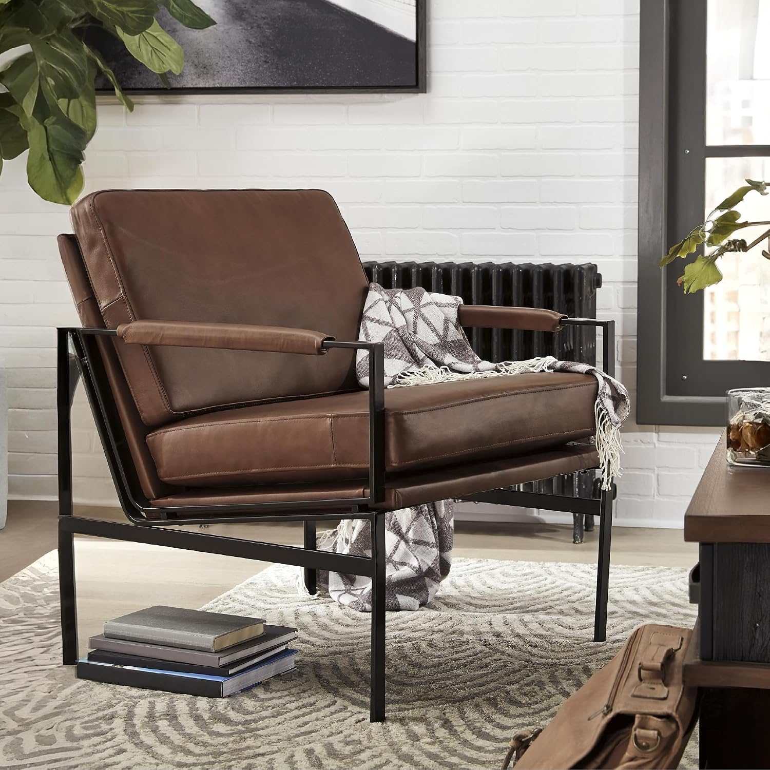 Signature Design by Ashley Puckman Brown Leather Accent Chair, Contemporary Living Room Seating, Sturdy Metal Frame