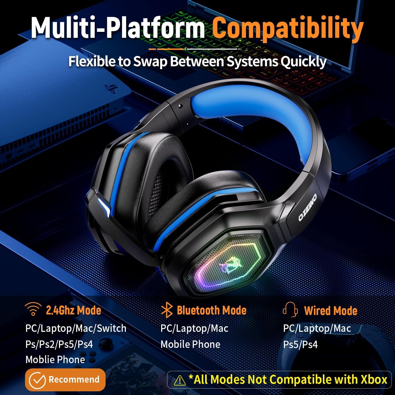 Ozeino 2.4GHz Gaming Headset Wireless with Flip Mic for Ps5, Ps4, PC, Gaming Headphones with RGB Light, 40Hr Battery Bluetooth Headset for Laptop, Mobile, Mac