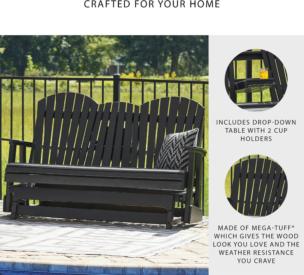 Signature Design by Ashley Hyland Wave Modern Weather Resistant HDPE Outdoor Glider Loveseat with Drop Down Table and 2 Cup Holders, Black