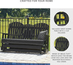 Signature Design by Ashley Hyland Wave Modern Weather Resistant HDPE Outdoor Glider Loveseat with Drop Down Table and 2 Cup Holders, Black