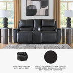 Signature Design by Ashley Glassmere Contemporary Leather Match Reclining Loveseat with Console, 2 Cup Holders and Storage, Black