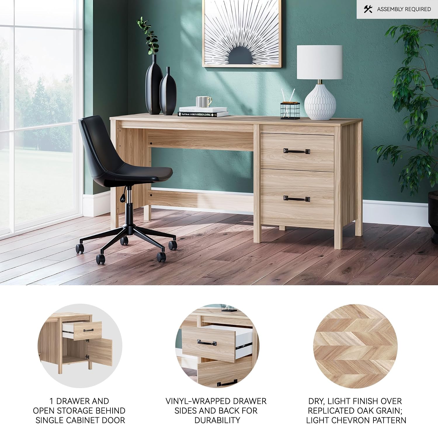 Signature Design by Ashley Battelle Casual 60" Home Office Desk with 1 Drawer and Cabinet Door, Light Brown