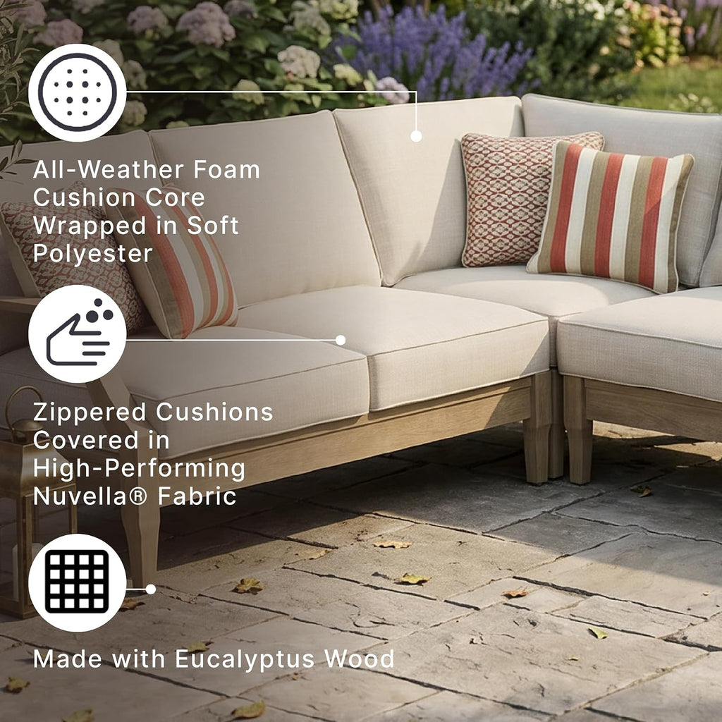Signature Design by Ashley Clare View Outdoor Sectional, 3-Piece Eucalyptus Wood Couch, Nuvella Performance Fabric Cushions, Contemporary Patio Furniture Set for Deck or Backyard, Beige