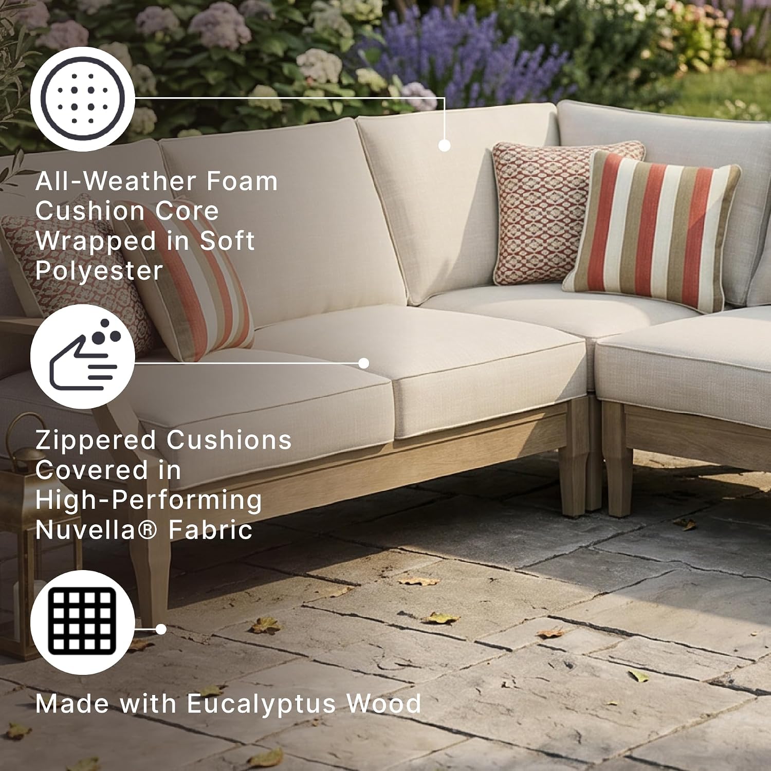 Signature Design by Ashley Clare View Outdoor Sectional, 3-Piece Eucalyptus Wood Couch, Nuvella Performance Fabric Cushions, Contemporary Patio Furniture Set for Deck or Backyard, Beige