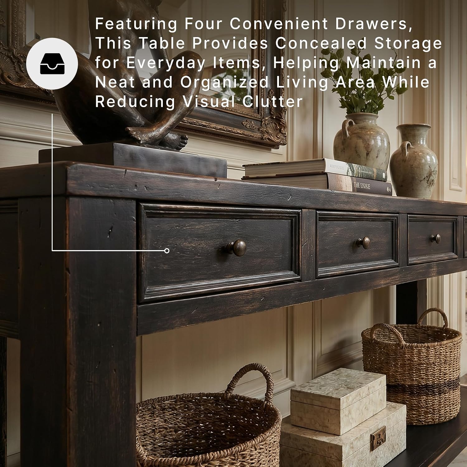 Signature Design by Ashley Gavelston Sofa Table, Couch Table with Drawers & Shelf, Hand-Finished Wood Console for Living Room or Entryway, Weathered Black