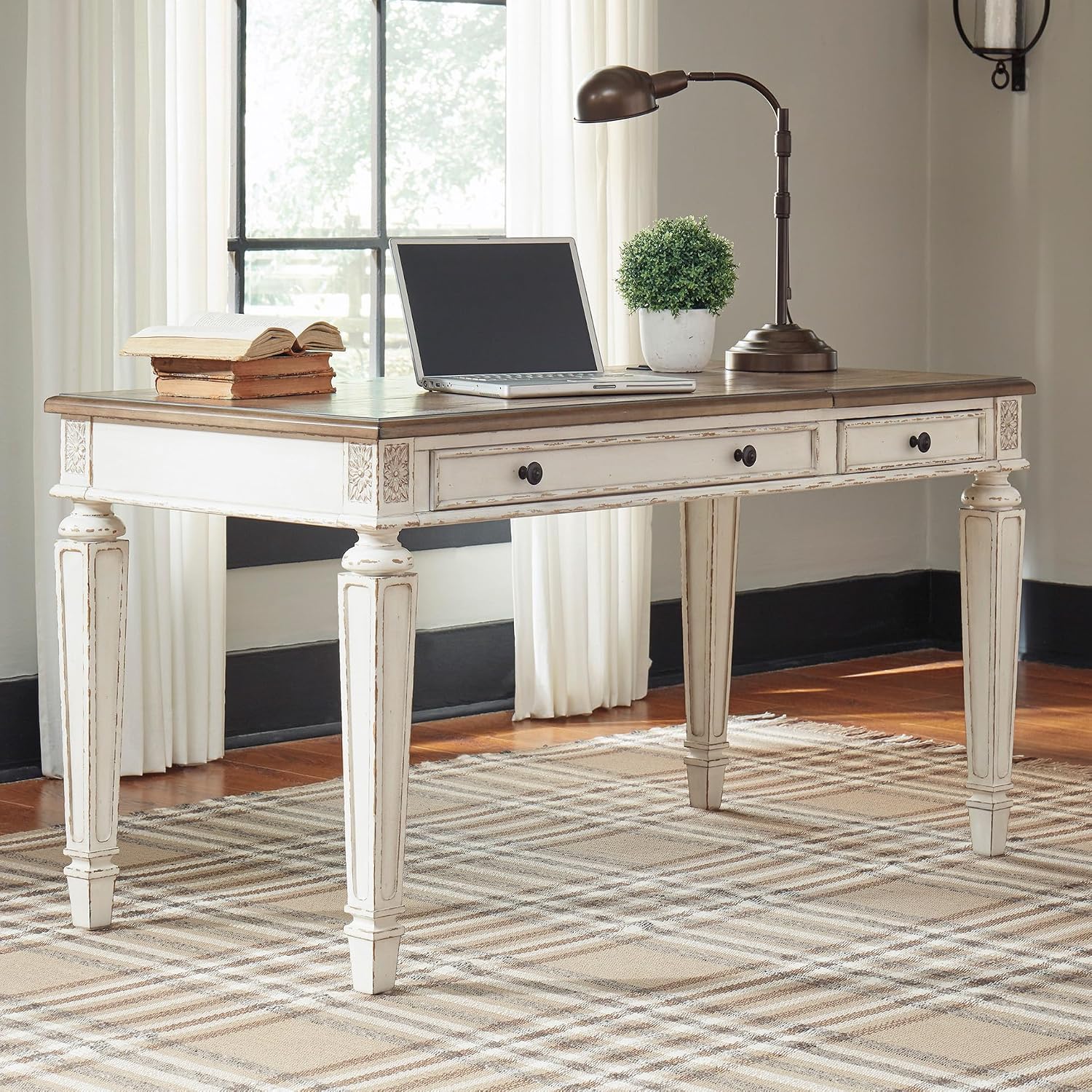 Signature Design by Ashley Realyn Lift Top Desk, Standing Workstation with Built-In USB Outlets, Traditional Cottage Style for Home Offices, 60" W x 28" D x 31" H, White & Light Brown