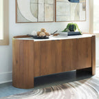 Signature Design by Ashley Fitzroy Accent Cabinet, Contemporary Solid Mango Wood & White Marble Top Sideboard with Anti-Tipping, Soft-Close Doors, Cord Openings, Light Brown & White, 66 Inch