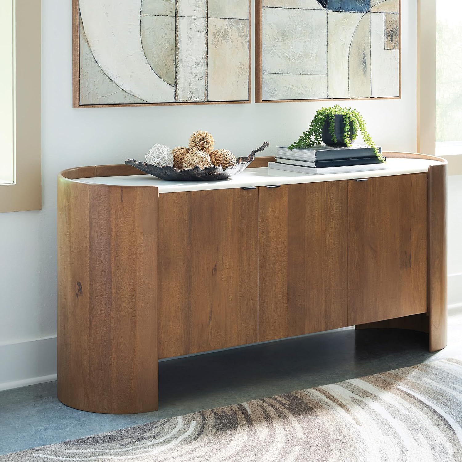 Signature Design by Ashley Fitzroy Accent Cabinet, Contemporary Solid Mango Wood & White Marble Top Sideboard with Anti-Tipping, Soft-Close Doors, Cord Openings, Light Brown & White, 66 Inch