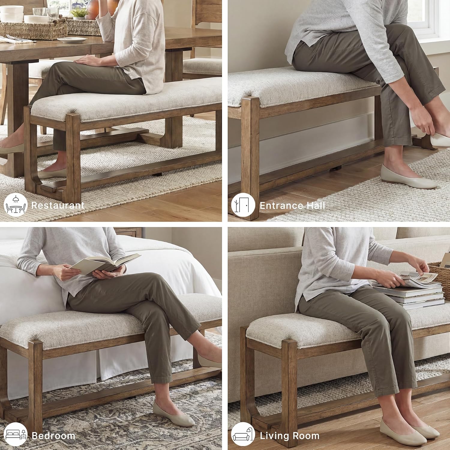 Signature Design by Ashley Cabalynn Dining Bench, Upholstered Farmhouse Style, Hardwood Solids and MDF Substrates Frame, Ideal for End of Bed or Entryway, 63.5" W, Oatmeal and Light Brown