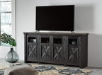 Signature Design by Ashley Tyler Creek Farmhouse TV Stand Fits TVs up to 72", 4 Glass Doors, 3 Adjustable Storage Shelves, Dark Gray
