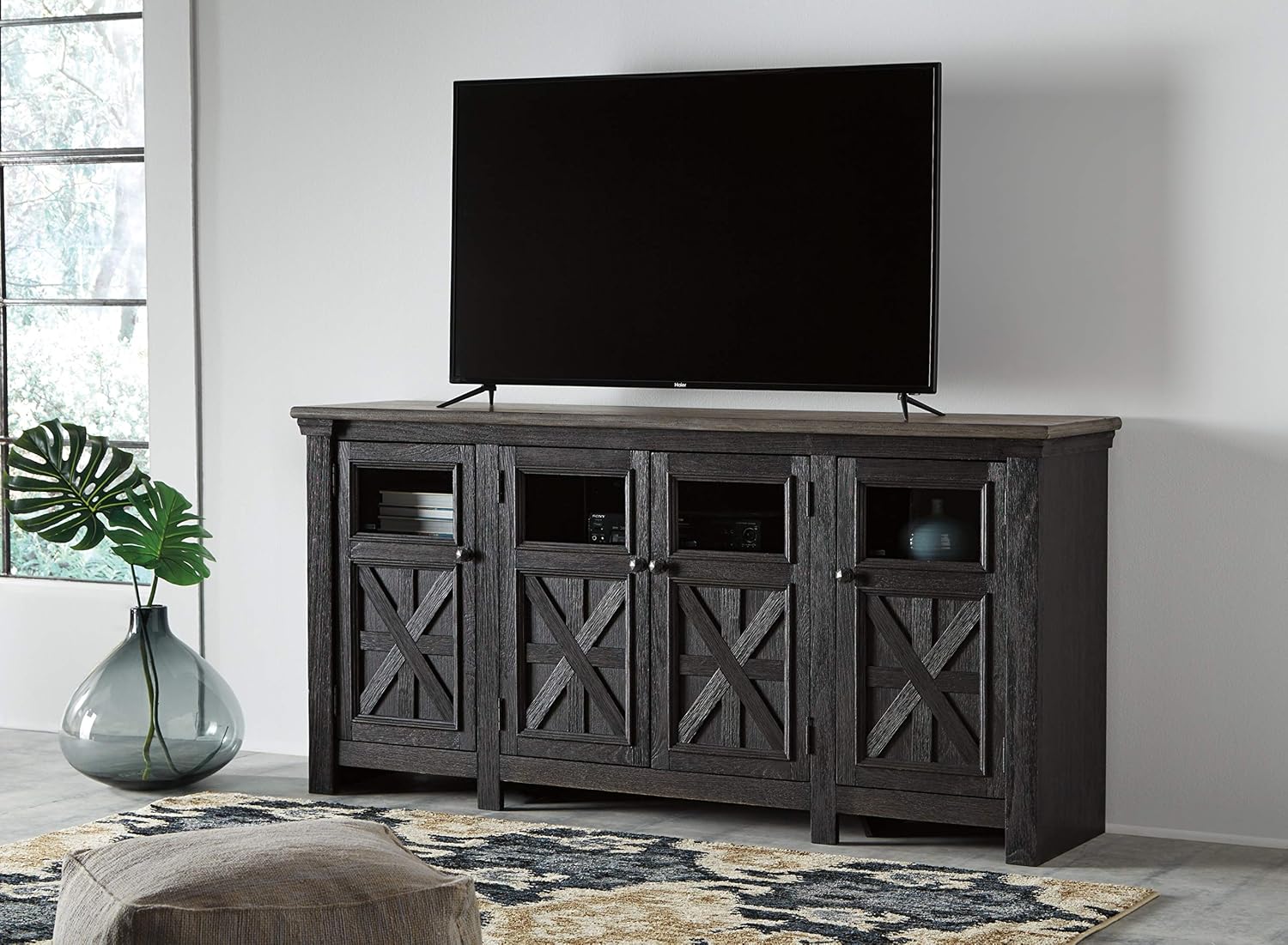 Signature Design by Ashley Tyler Creek Farmhouse TV Stand Fits TVs up to 72", 4 Glass Doors, 3 Adjustable Storage Shelves, Dark Gray