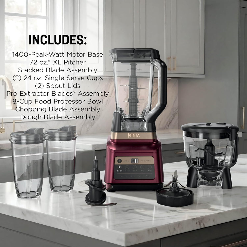Ninja Professional Plus Kitchen System Premier | 3-in-1 System I Food Processor, Blender, Mixer, Vegetable Chopper | Auto IQ Tech I 1400W | 72oz Pitcher, 64oz Bowl, 2 To-Go Cups | Red | BN801RD1BRN