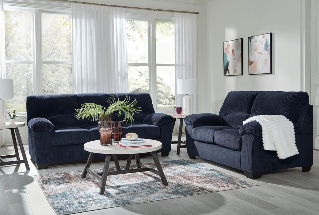 Signature Design by Ashley SimpleJoy Sofa, 83" Navy Blue Contemporary 3-Seater Couch, Soft Polyester Corduroy Fabric with Anti-Sag Platform Foundation, Living Room Furniture