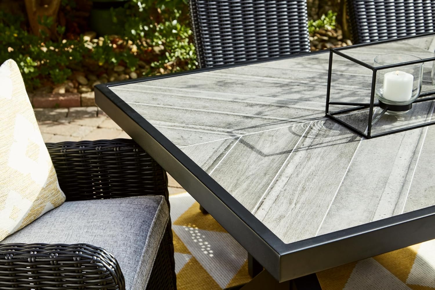 Signature Design by Ashley Beachcroft Outdoor Dining Table, Rust-Resistant Farmhouse Design with Porcelain Tabletop and Umbrella Hole, for Patio Entertaining, Black/Light Gray, 84-Inch