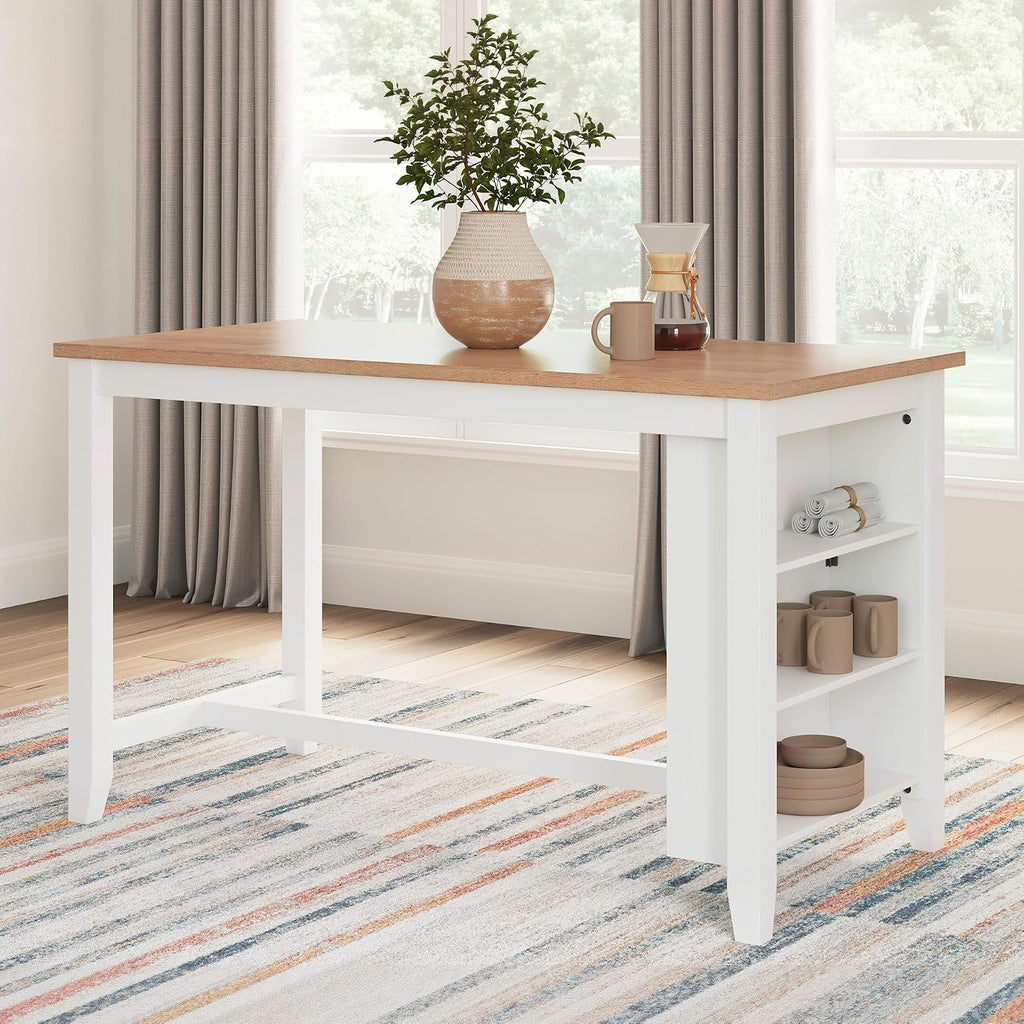 Signature Design by Ashley Gesthaven 60" Counter Height Dining Table with 3 Storage Shelves, Butcher Block Veneer Top, Ideal for Kitchens or Workspaces, White/Natural