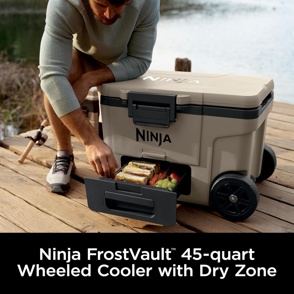 Ninja | Cooler | FrostVault 65QT Cooler with Wheels | Insulated with Temp Dry Storage Drawer | Keeps Ice Cold for Days | for the Beach, Camping, Picnics & More | Birch Beige | FB265CS
