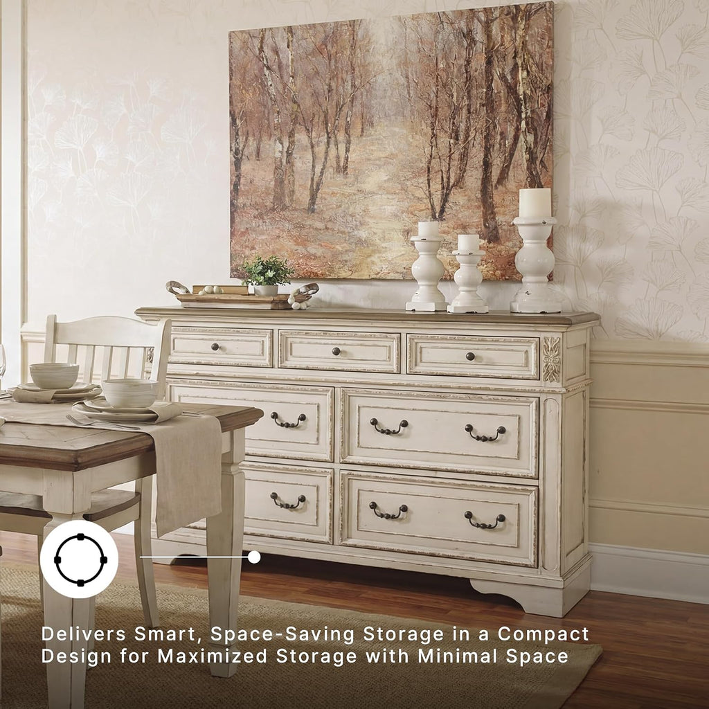Signature Design by Ashley Realyn French Country 7 Drawer Dresser, Two-Tone Chipped White and Distressed Wood Finish, Smooth-Gliding Bedroom Storage, Ideal for Master Suites, 64" W