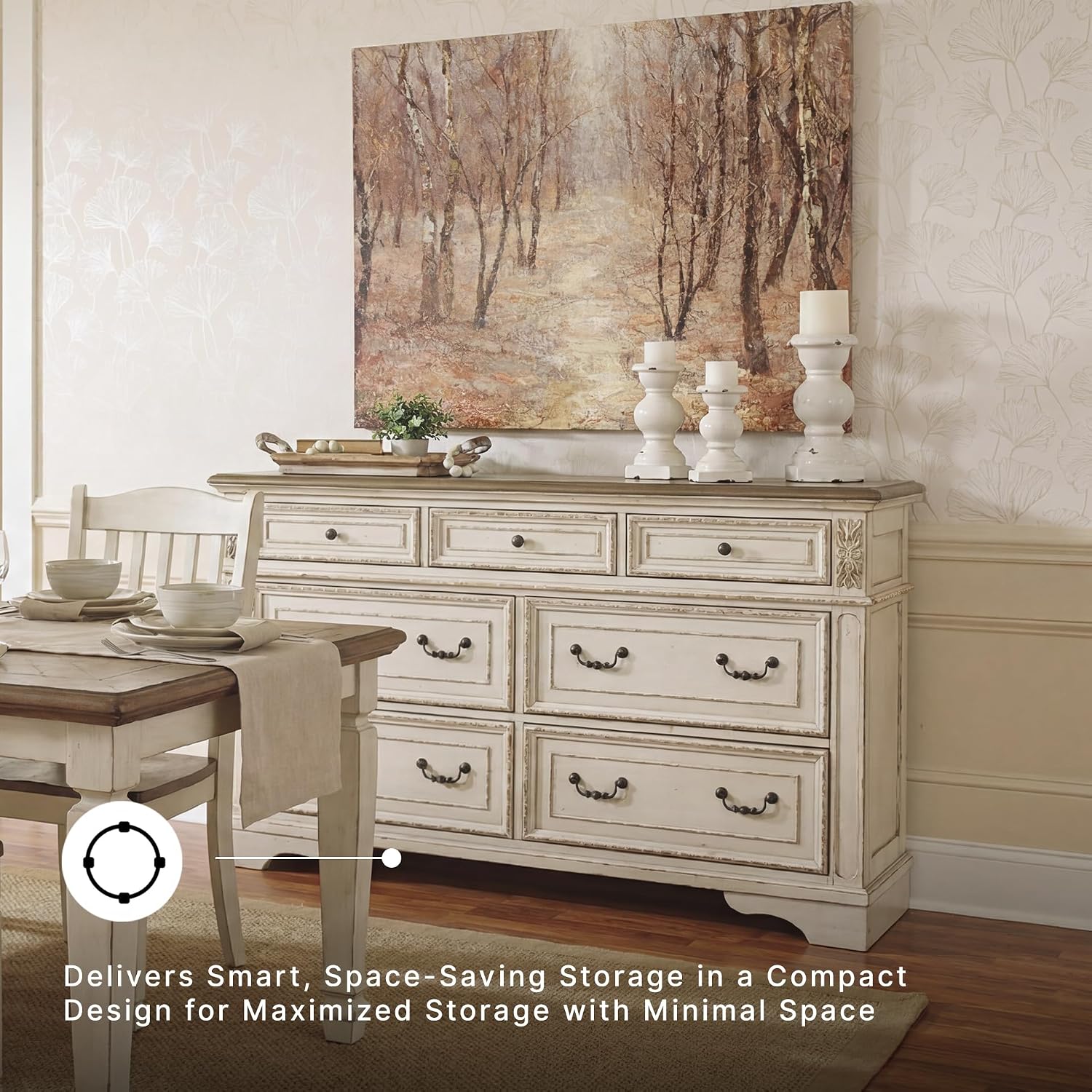 Signature Design by Ashley Realyn French Country 7 Drawer Dresser, Two-Tone Chipped White and Distressed Wood Finish, Smooth-Gliding Bedroom Storage, Ideal for Master Suites, 64" W