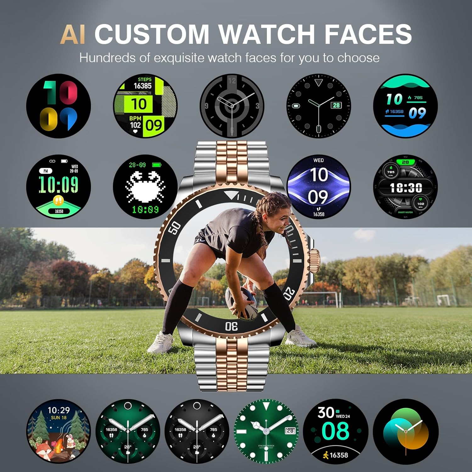 GPT AI Smart Watch with Bluetooth Calls, 1.19-inch AMOLED 44mm, 24/7 Heart Rate, SpO2, Blood Pressure, Sleep Monitor, 107 Sports Fitness Tracker, Smartwatch Compatible Android and iOS Silver Gold