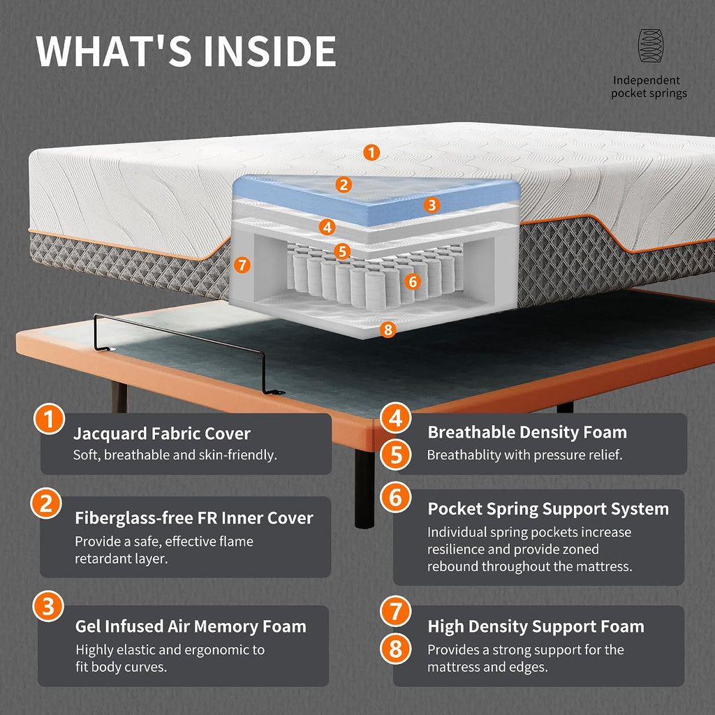 Split King Adjustable Bed Frame with Mattress - 14” Luxury Hybrid Mattress, Smart APP Contorl, Massage, Zero Gravity, Anti-Snore, 5 Minutes Installation, Head and Foot Incline, Medium Soft, Split King