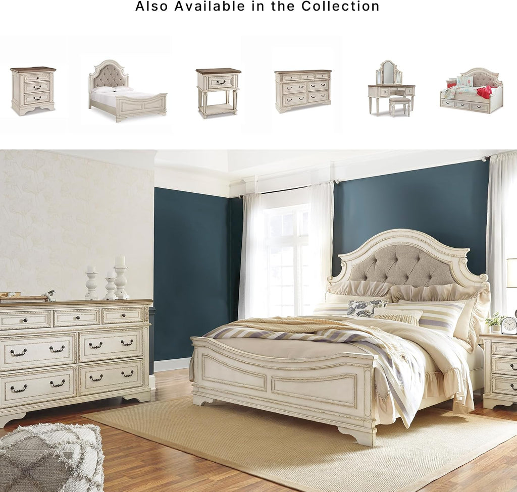 Signature Design by Ashley Realyn French Country 7 Drawer Dresser, Two-Tone Chipped White and Distressed Wood Finish, Smooth-Gliding Bedroom Storage, Ideal for Master Suites, 64" W