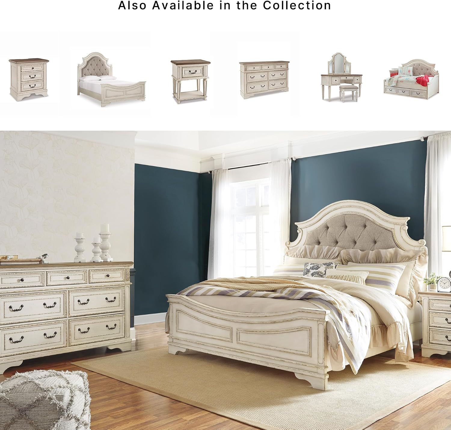 Signature Design by Ashley Realyn French Country 7 Drawer Dresser, Two-Tone Chipped White and Distressed Wood Finish, Smooth-Gliding Bedroom Storage, Ideal for Master Suites, 64" W