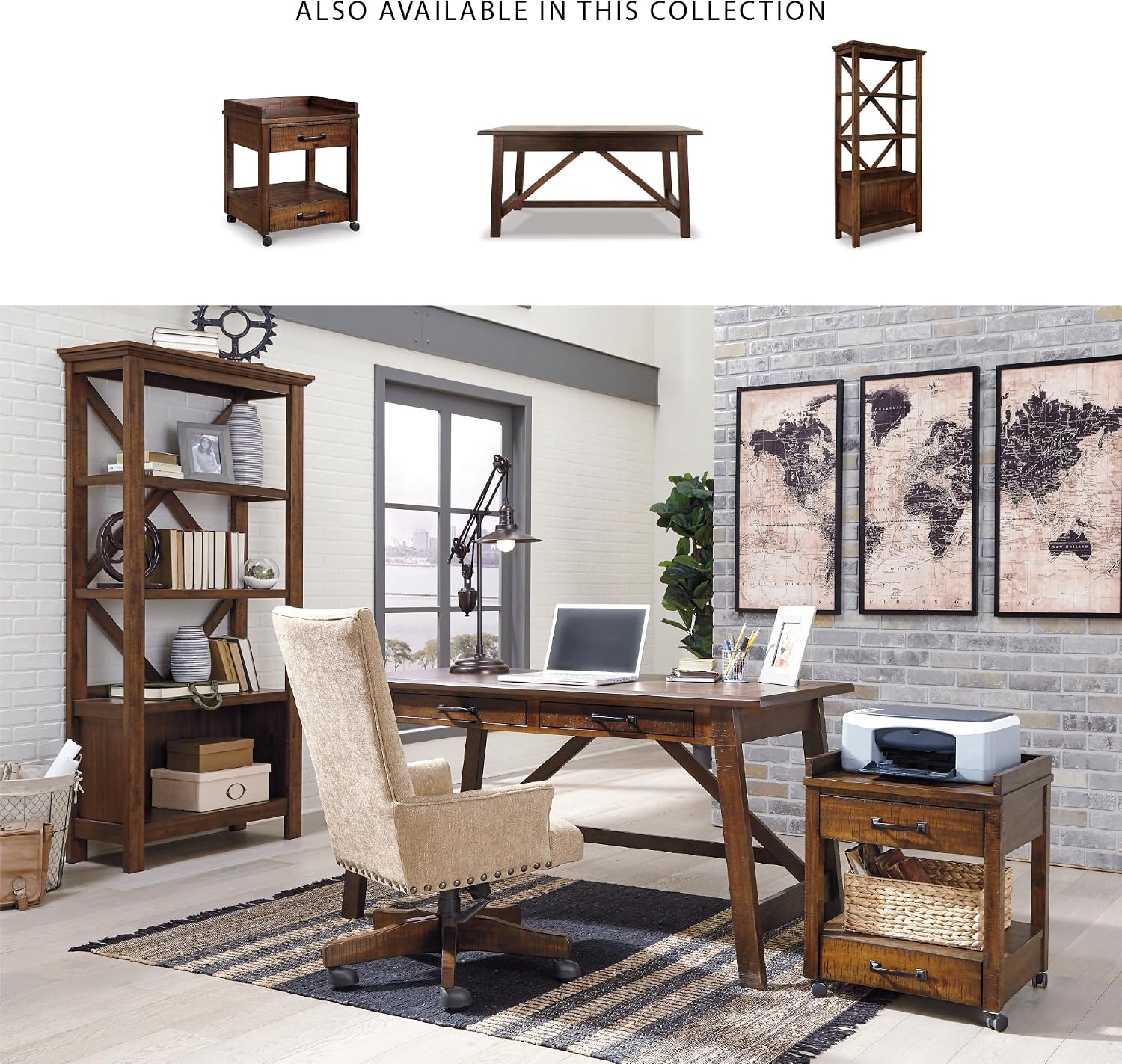 Signature Design by Ashley Baldridge Home Office Desk With Drawers, Rustic Industrial,Wood Construction, Smooth-Gliding Storage for Workspaces, Ideal for Home Offices, Brown