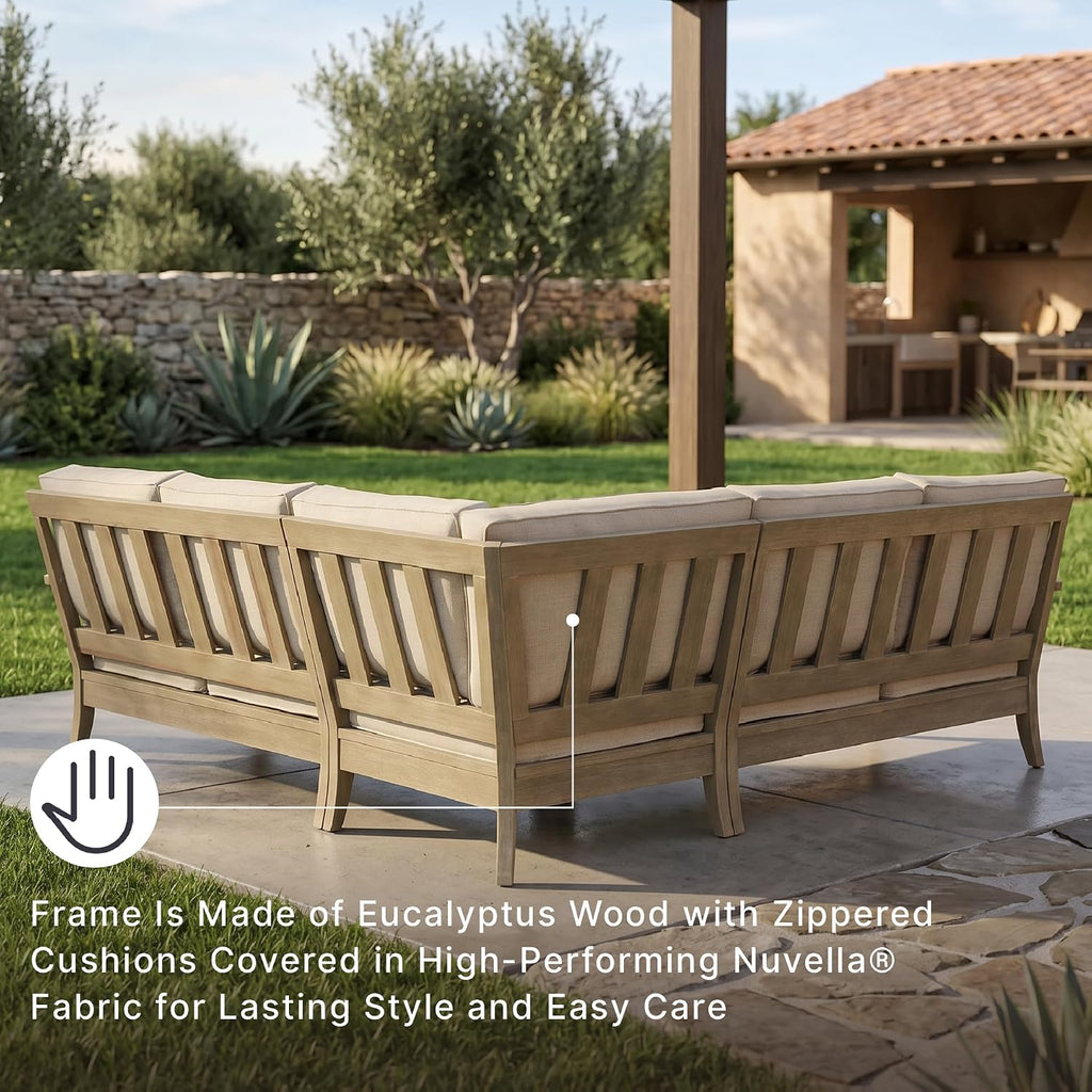 Signature Design by Ashley Clare View Outdoor Sectional, 3-Piece Eucalyptus Wood Couch, Nuvella Performance Fabric Cushions, Contemporary Patio Furniture Set for Deck or Backyard, Beige