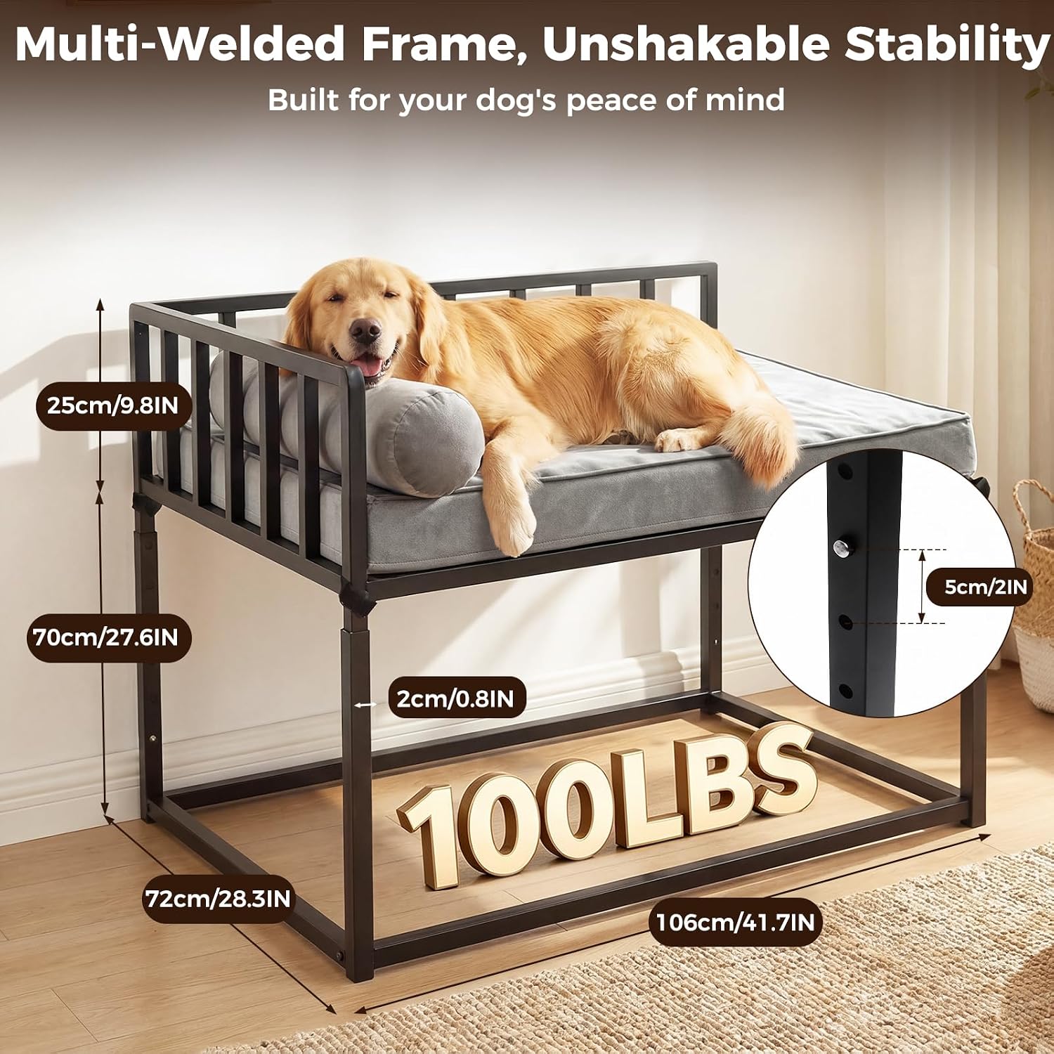 Bedside Dog Bed, Height Adjustable Elevated Co-Sleeper for Medium Large Dogs, Fits Low to High Beds (28-37in), Heavy-Duty Metal Bunk Bed Frame with Safety Side Rails & Washable Cushion