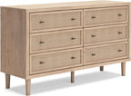 Signature Design by Ashley Cielden 6 Drawer Dresser, Quick 10-Minute Assembly, Textured Cane Details, Coastal Modern Bedroom Storage, Light Brown Two-Tone