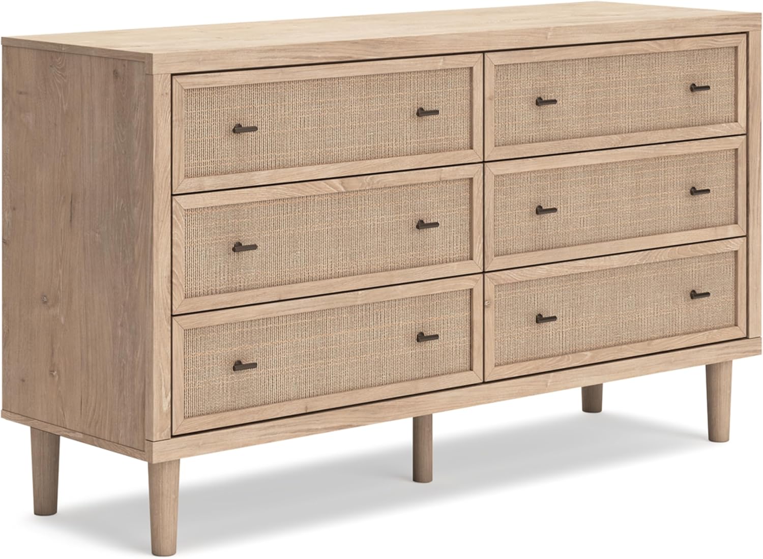 Signature Design by Ashley Cielden 6 Drawer Dresser, Quick 10-Minute Assembly, Textured Cane Details, Coastal Modern Bedroom Storage, Light Brown Two-Tone