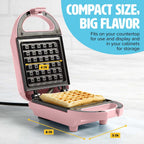 Tasty Mini Nonstick Waffle Maker, Perfect for Individual Waffles, Hash Browns, Brownies and more, Quick Results, Easy Clean Up, 600W, Pink