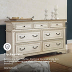 Signature Design by Ashley Realyn French Country 7 Drawer Dresser, Two-Tone Chipped White and Distressed Wood Finish, Smooth-Gliding Bedroom Storage, Ideal for Master Suites, 64" W