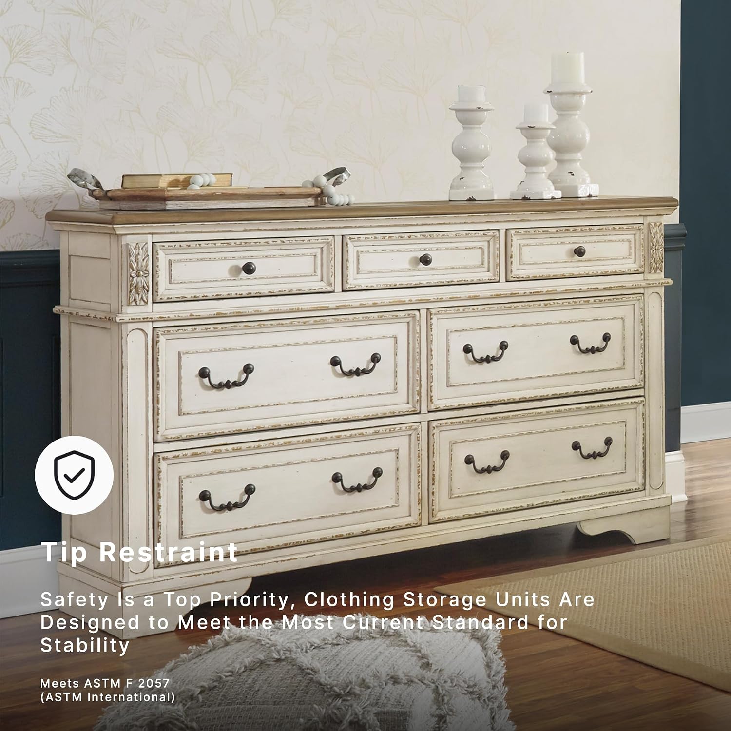 Signature Design by Ashley Realyn French Country 7 Drawer Dresser, Two-Tone Chipped White and Distressed Wood Finish, Smooth-Gliding Bedroom Storage, Ideal for Master Suites, 64" W