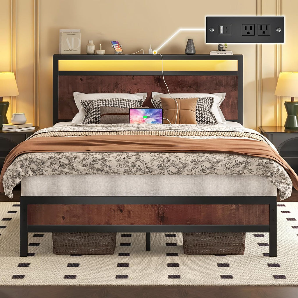Fluest Queen Bed Frame with Headboard & Footboard, Bed Frame with Built-in Charging Station & LED Light, Storage Shelf, Noise-Free, No Box Spring Needed, Easy Assembly, Classic Black