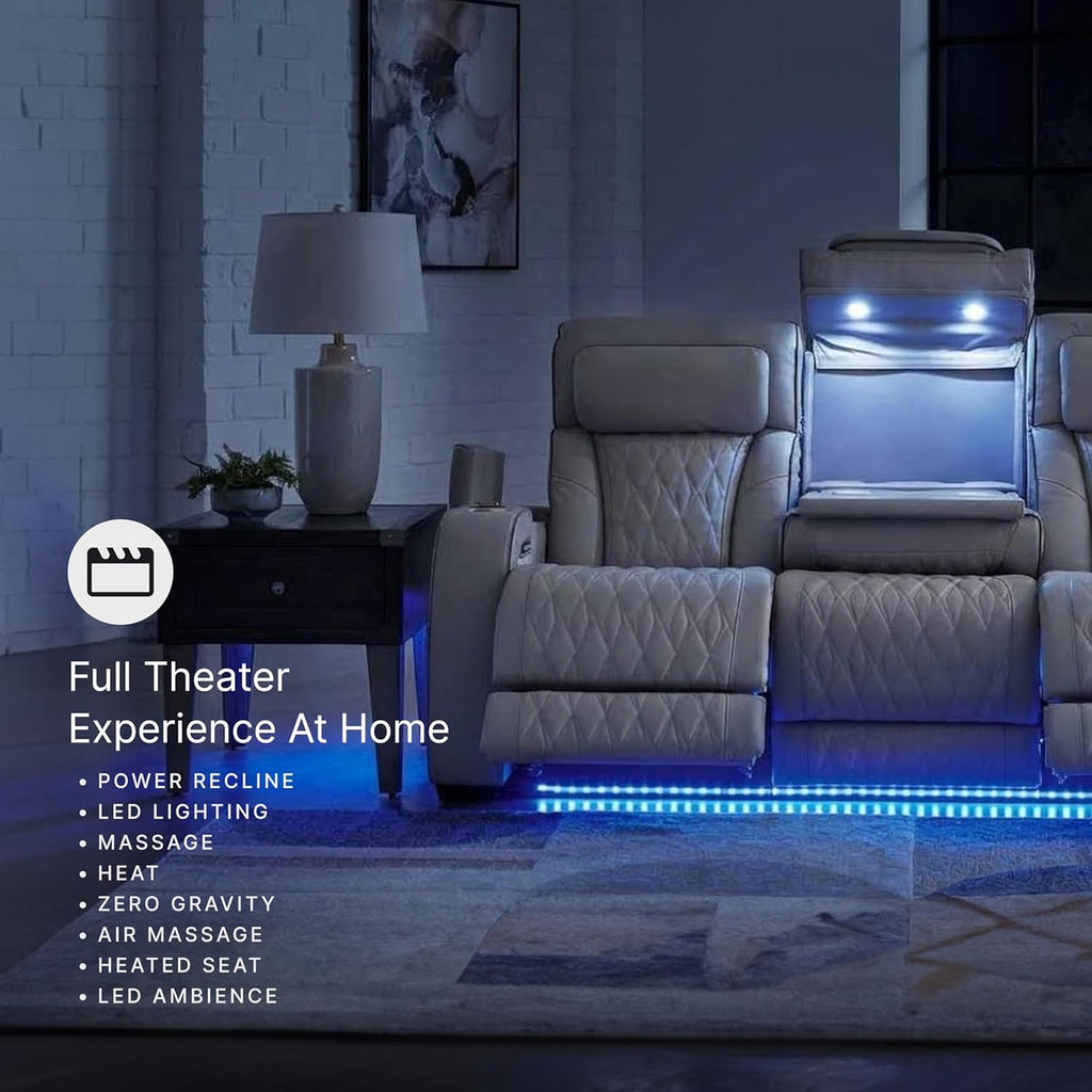 Signature Design by Ashley Boyington Contemporary Leather Match Power Reclining Sofa with USB Charging Ports, LED Lights and Adjustable Headrest, Light Gray
