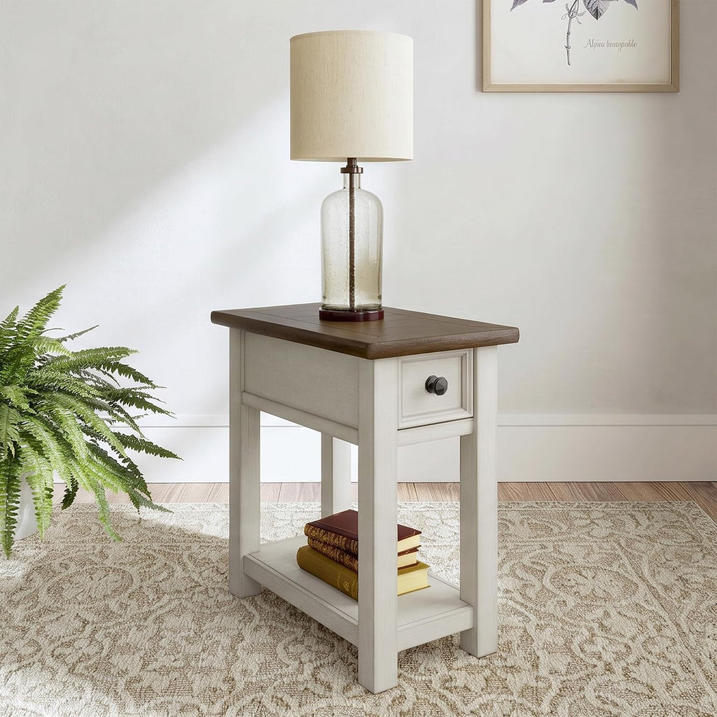 Signature Design by Ashley Bolanburg Chairside End Table With Charging Station, Two-Tone Wood Accent Table With Drawer Storage, Plank Top Design for Living Room or Bedroom, Antique White