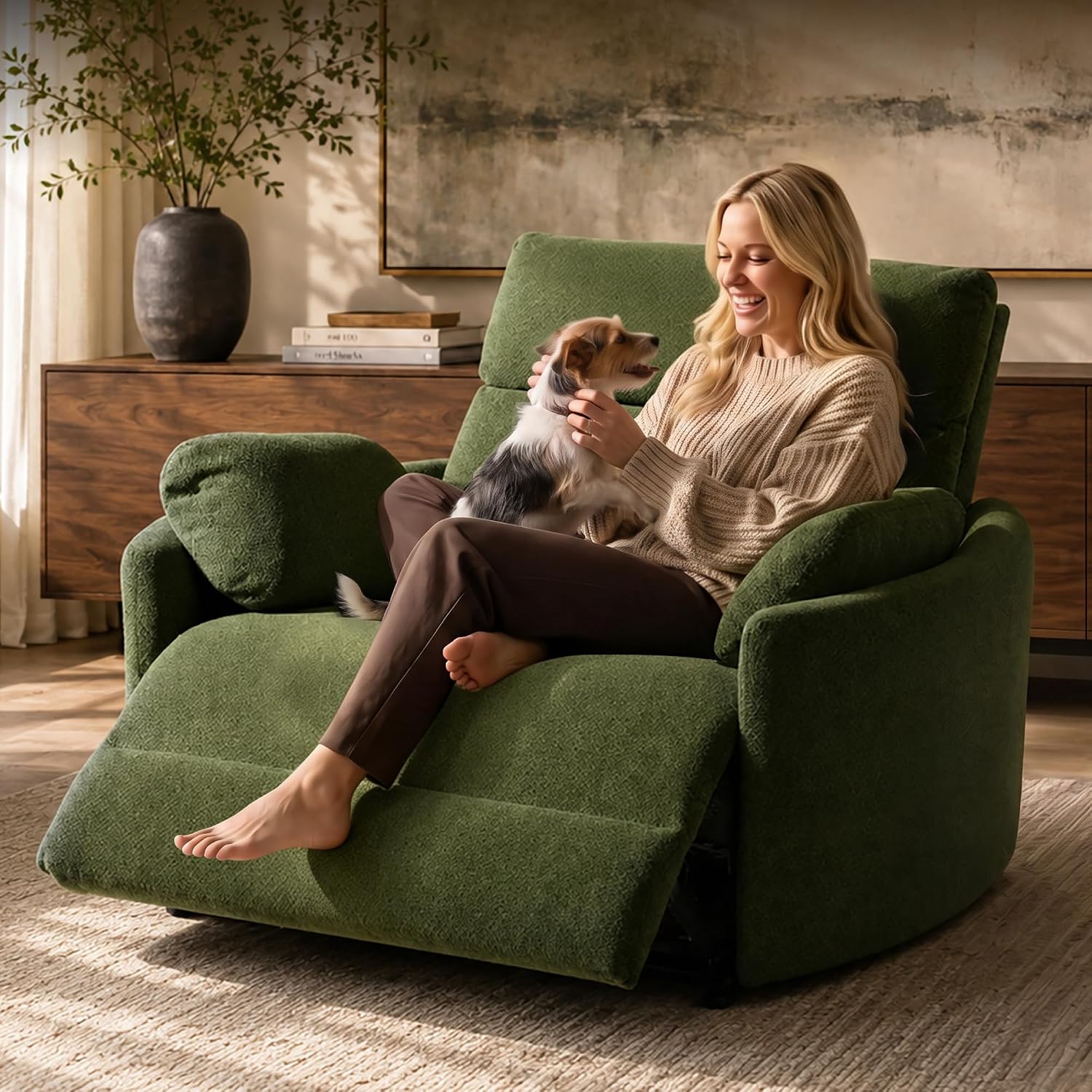 FLEXISPOT Mochi Oversized 54" Power Recliner Chair for Big and Tall Adults, Chenille Fabric Electric Recliner with USB & Type-C Ports, Wide Single Sofa with Pillows for Living Room & Bedroom, Beige