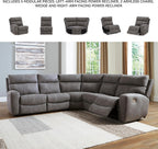 Signature Design by Ashley Contemporary Next-Gen DuraPella L-Shape Symmetrical Faux Leather 5-Piece Power Reclining Sectional with Adjustable Headrest and USB Charging Ports, Gray