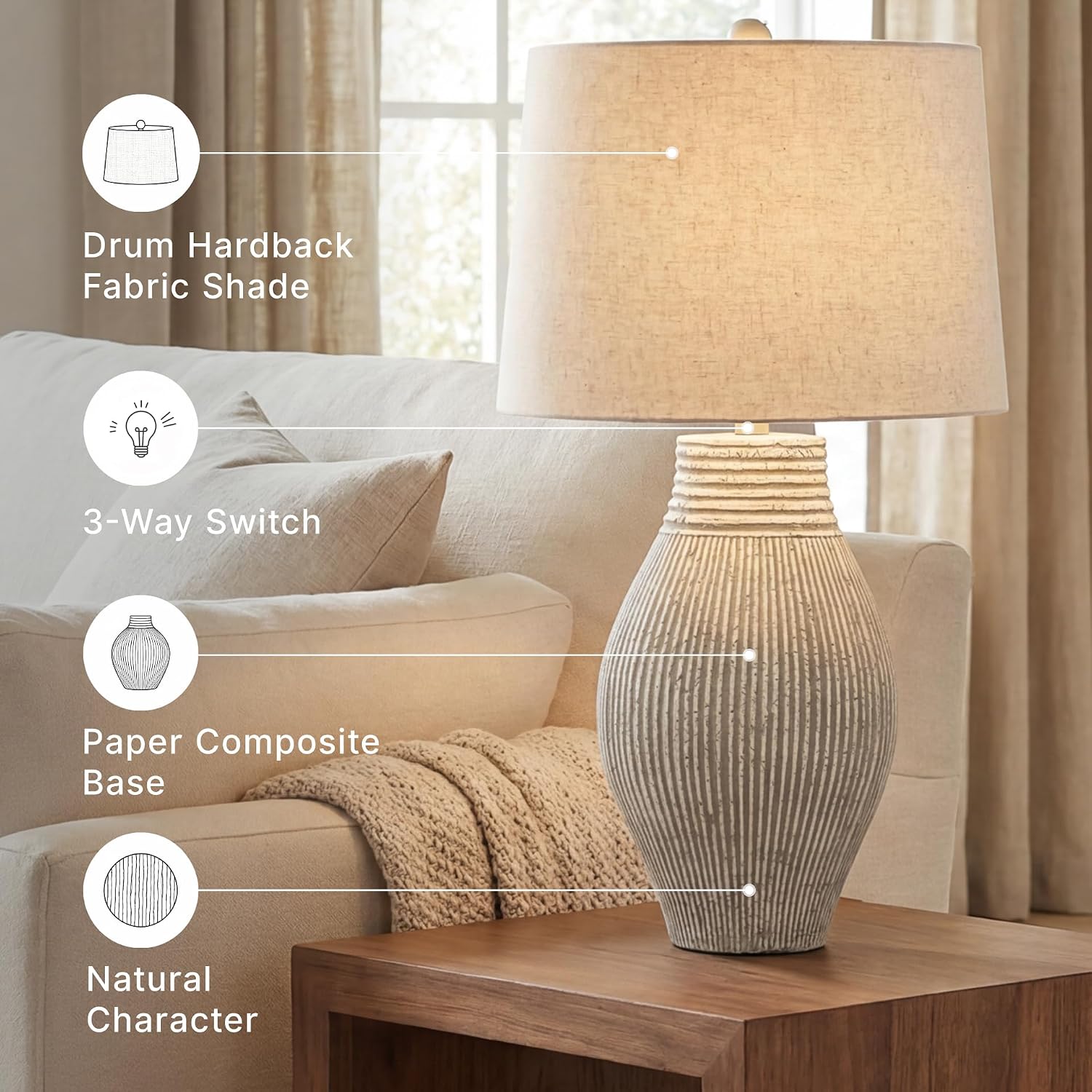 Signature Design by Ashley Layal Modern Table Lamp, Textured Paper Composite Base, Modified Drum Shade, 3-Way Switch Lighting for Living Room or Bedroom, 16 Inch Diameter, Beige