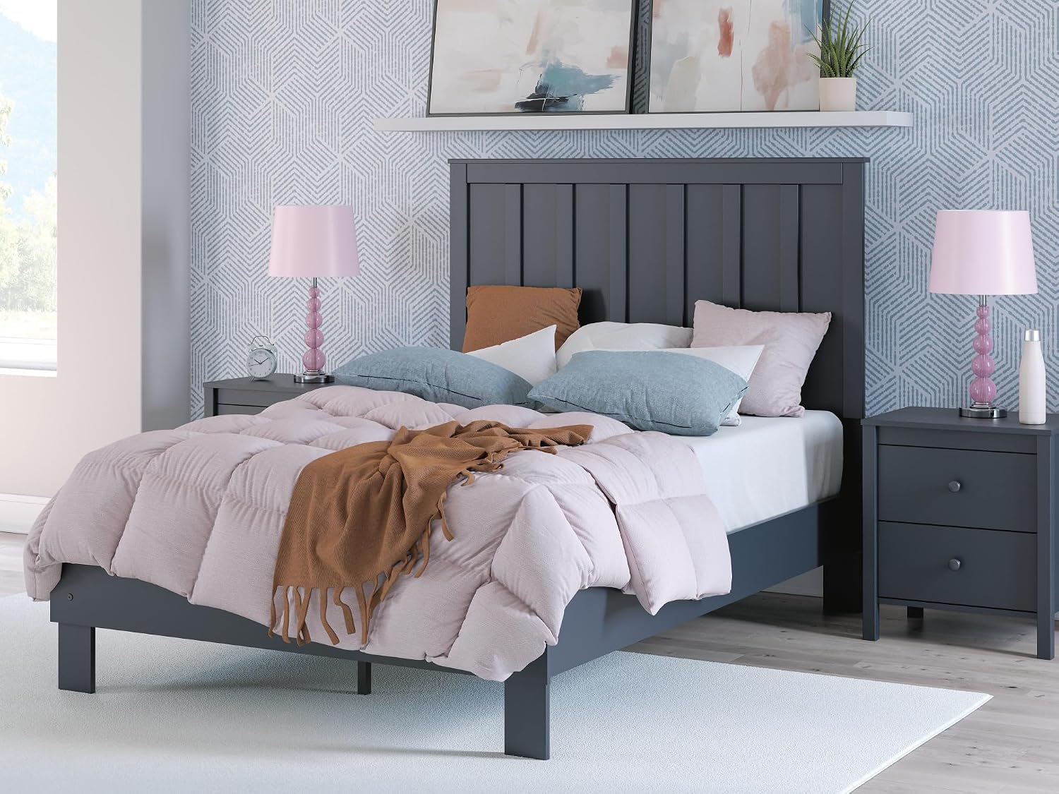 Signature Design by Ashley Simmenfort Full Panel Headboard, Matte Navy Blue Finish, Shaker Style Shiplap Engineered Wood Design for Kids and Youth Bedrooms, Adjustable Height Legs, 42" W x 54" H
